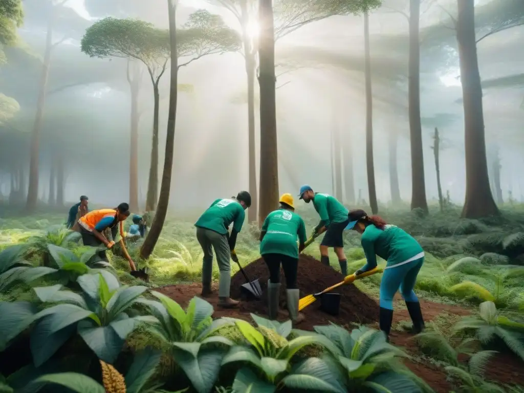 Voluntariado comprometido en la conservación de la biodiversidad en Uruguay, plantando árboles y limpiando en un bosque verde