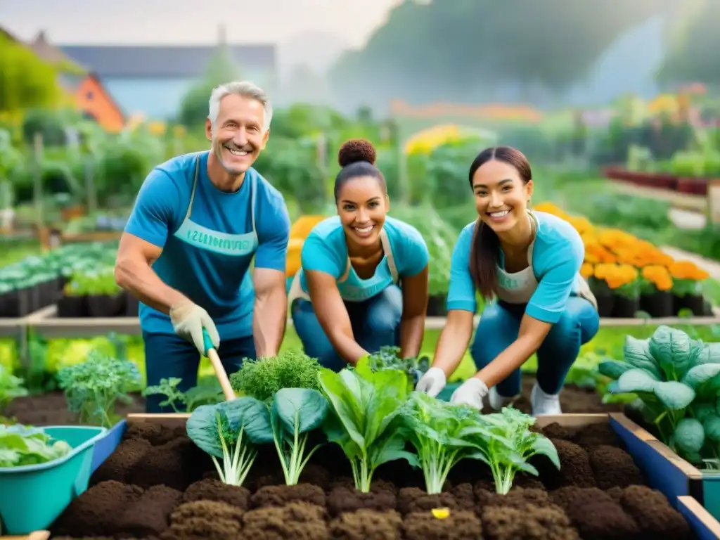 Voluntariado en comunidad: diversidad de edades y etnias trabajando en jardín, unidos por bienestar social en Uruguay