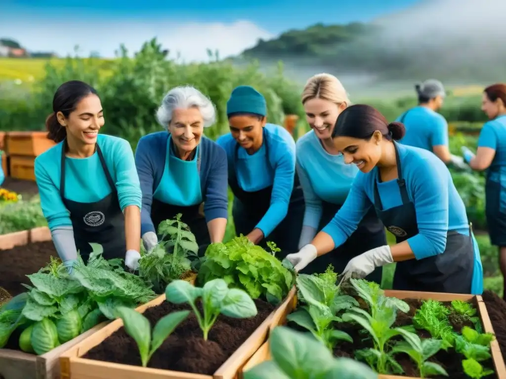 Voluntariado en comunidad: diversidad de edades y fondos plantando en jardín uruguayo, simbolizando crecimiento y unidad