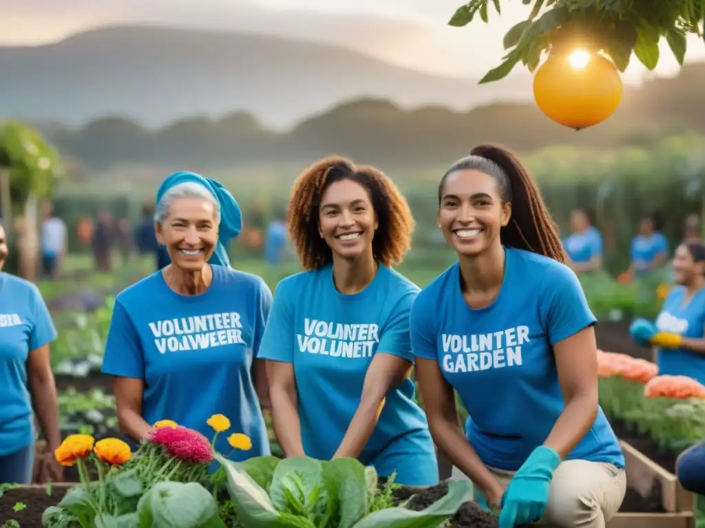 Voluntariado en comunidad cultivando un futuro brillante en jardín comunitario en Uruguay