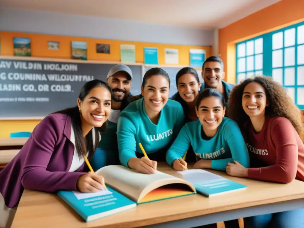 Voluntariado en educación en Uruguay: Grupo diverso de voluntarios sonrientes ayudando a niños en aula colorida y vibrante