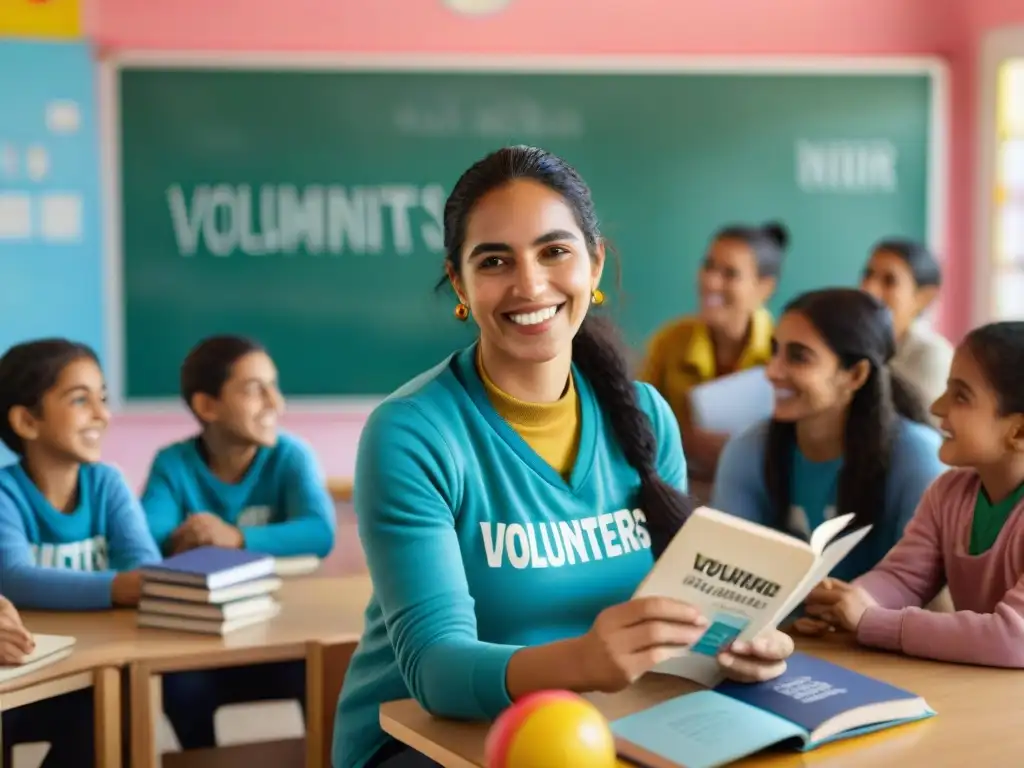 Voluntariado en educación en Uruguay: Voluntarios felices enseñan y juegan con niños en aula colorida y educativa