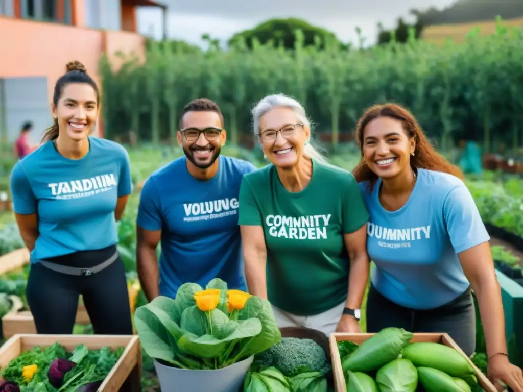 Voluntariado integral en Uruguay: Diversidad de voluntarios colaborando en un jardín comunitario, mostrando unidad y bienestar