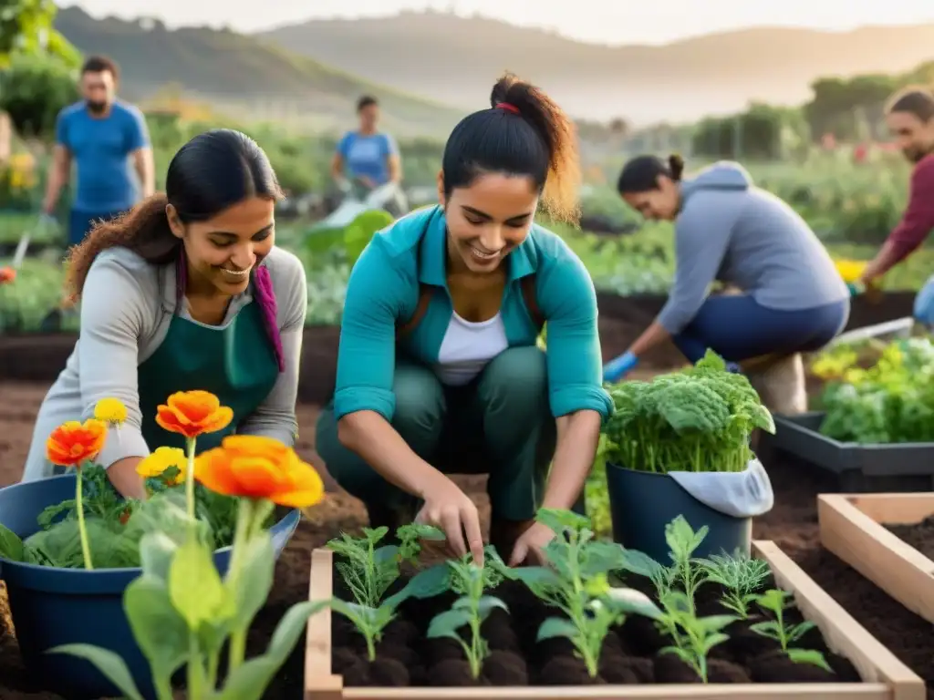 Voluntariado intercultural en Uruguay: Diversos voluntarios trabajan juntos en un jardín comunitario al atardecer, simbolizando unidad y crecimiento