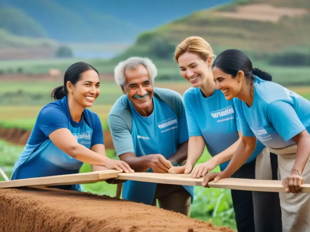 Voluntariado intercultural en Uruguay: Diversos voluntarios construyen un puente en un entorno rural pintoresco