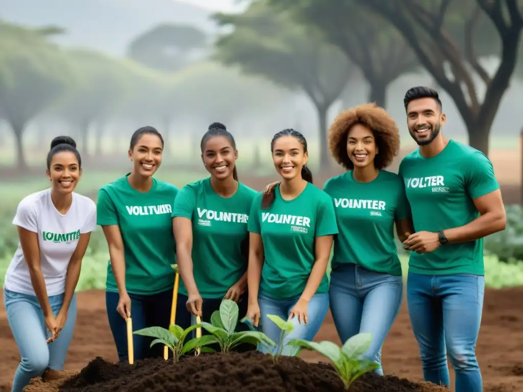 Voluntariado juvenil en Uruguay: Jóvenes plantando árboles juntos en un parque verde y soleado