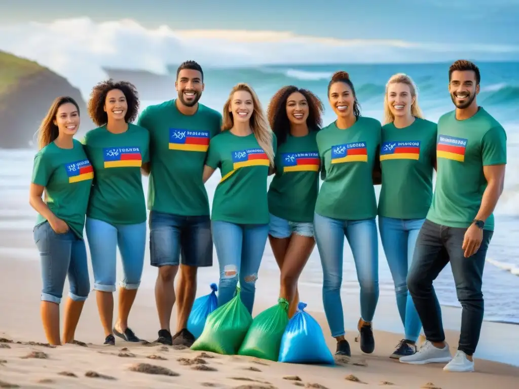 Voluntariado juvenil en Uruguay: Jóvenes entusiastas limpian la playa, unidos por su bandera, bajo el sol radiante