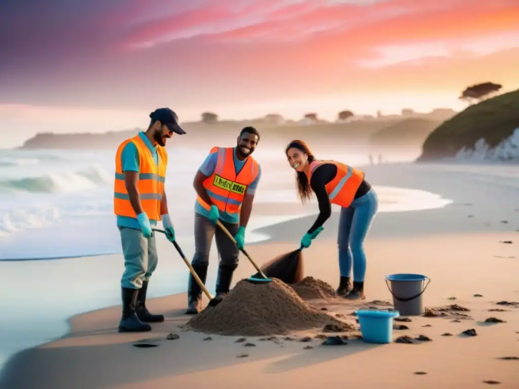 Voluntariado juvenil en Uruguay limpiando una playa al atardecer, uniendo esfuerzos por el medio ambiente