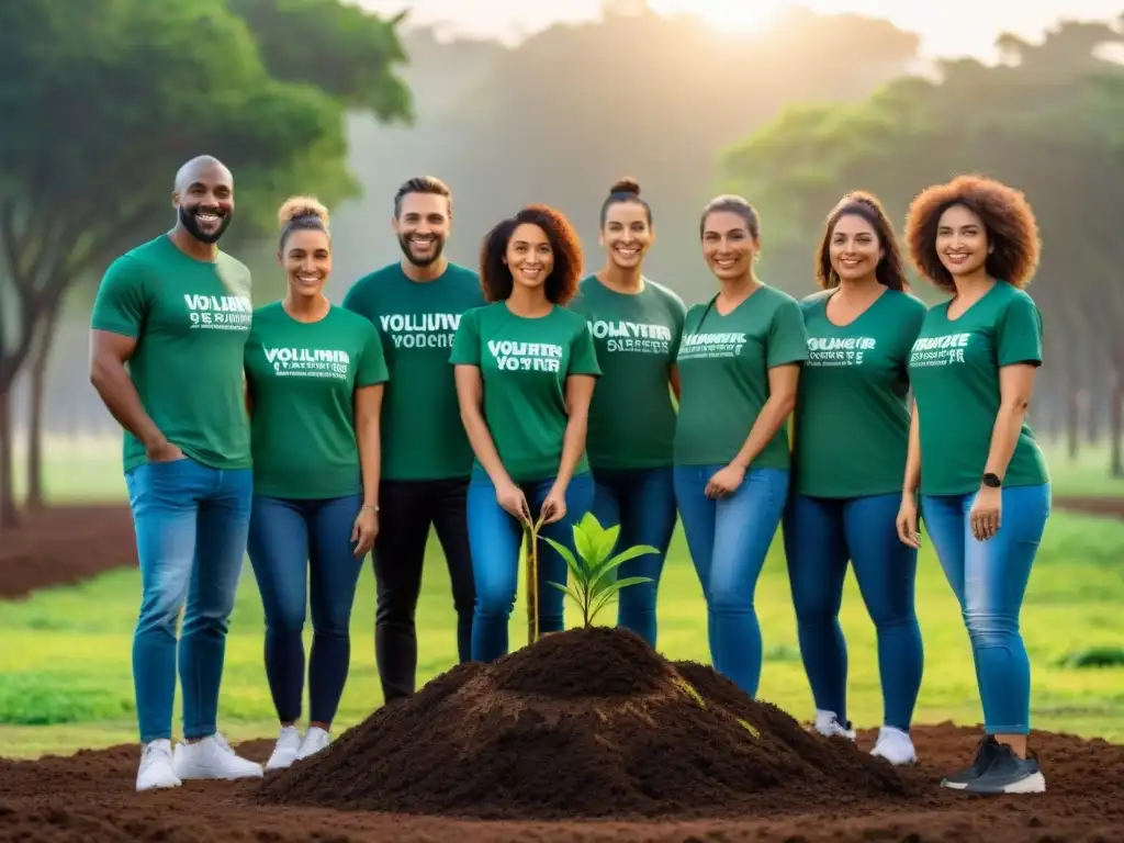 Voluntarios diversidad plantan árboles, impacto sostenible bienestar Uruguay