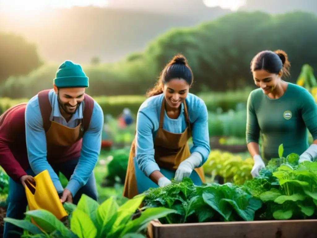 Voluntarios diversidad trabajando en jardín comunitario en Uruguay, impacto sostenible bienestar