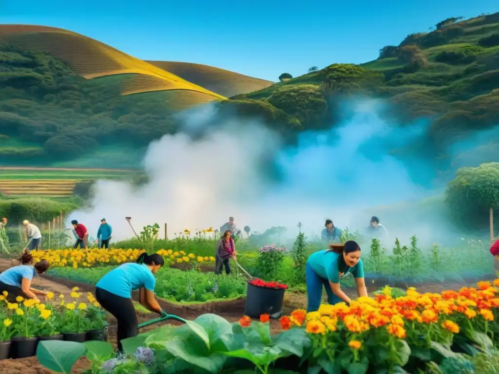 Voluntarios diversos trabajando juntos en un jardín comunitario vibrante en Uruguay, simbolizando el impacto sostenible en el bienestar del país