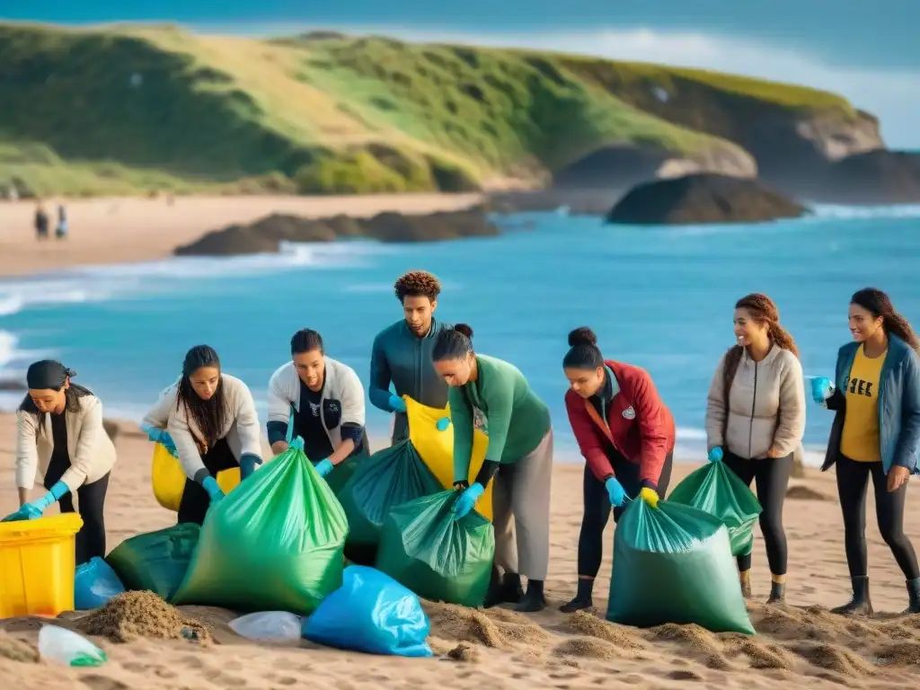 Voluntarios en limpieza de playa en Uruguay, mostrando 10 hábitos sostenibles