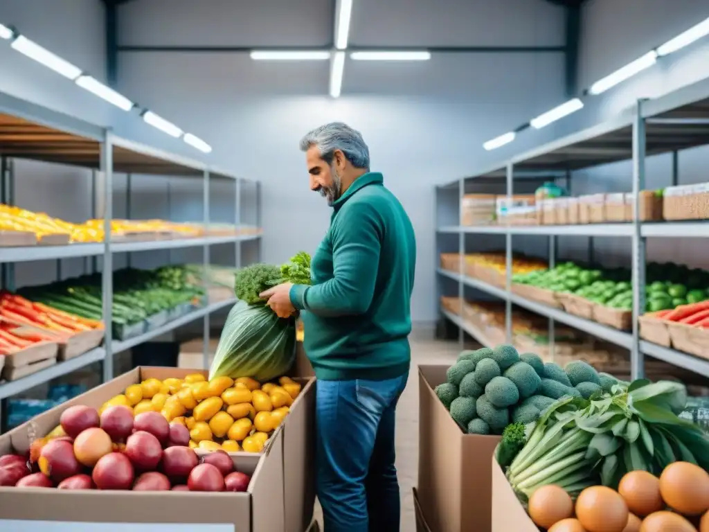 Voluntarios en un moderno banco de alimentos en Uruguay, organizando donaciones de comida para promover la seguridad alimentaria y la unidad