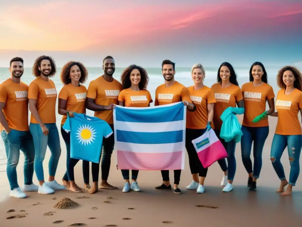 Voluntarios en Uruguay limpian playa al atardecer