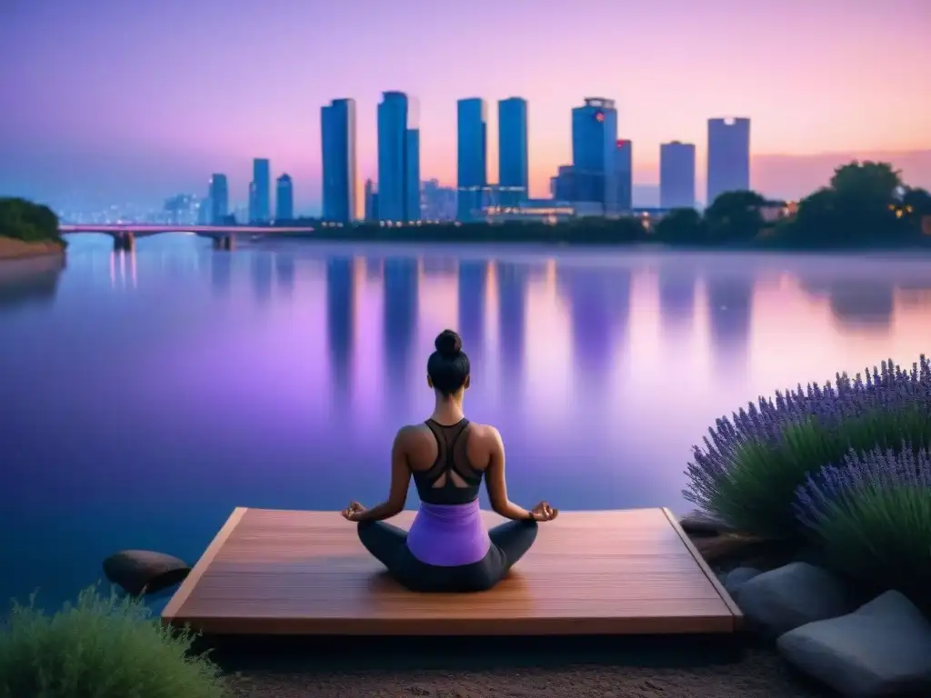 Practicando yoga al atardecer en una ciudad futurista