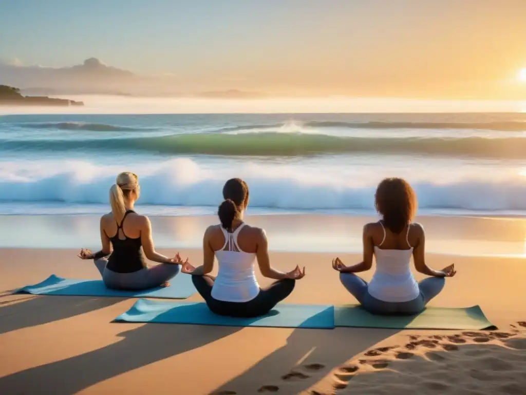 Práctica de yoga al atardecer en la playa de Uruguay, reflejando actividades de bienestar en Uruguay