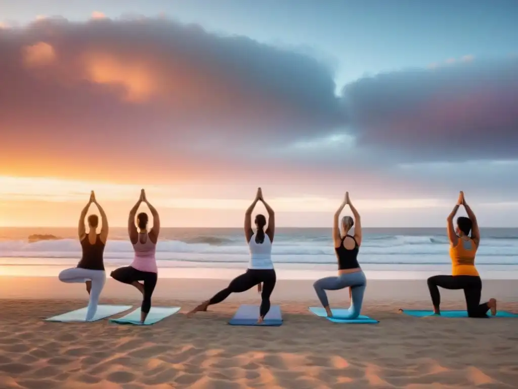 Sesión de yoga al atardecer en la playa de Uruguay: ejercicios al aire libre en armonía con la naturaleza