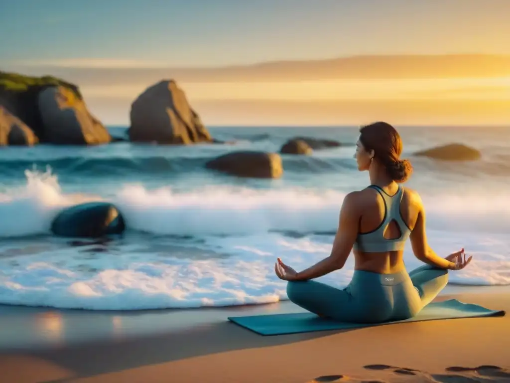 Práctica de yoga al atardecer en la playa de Uruguay, transmitiendo equilibrio y serenidad