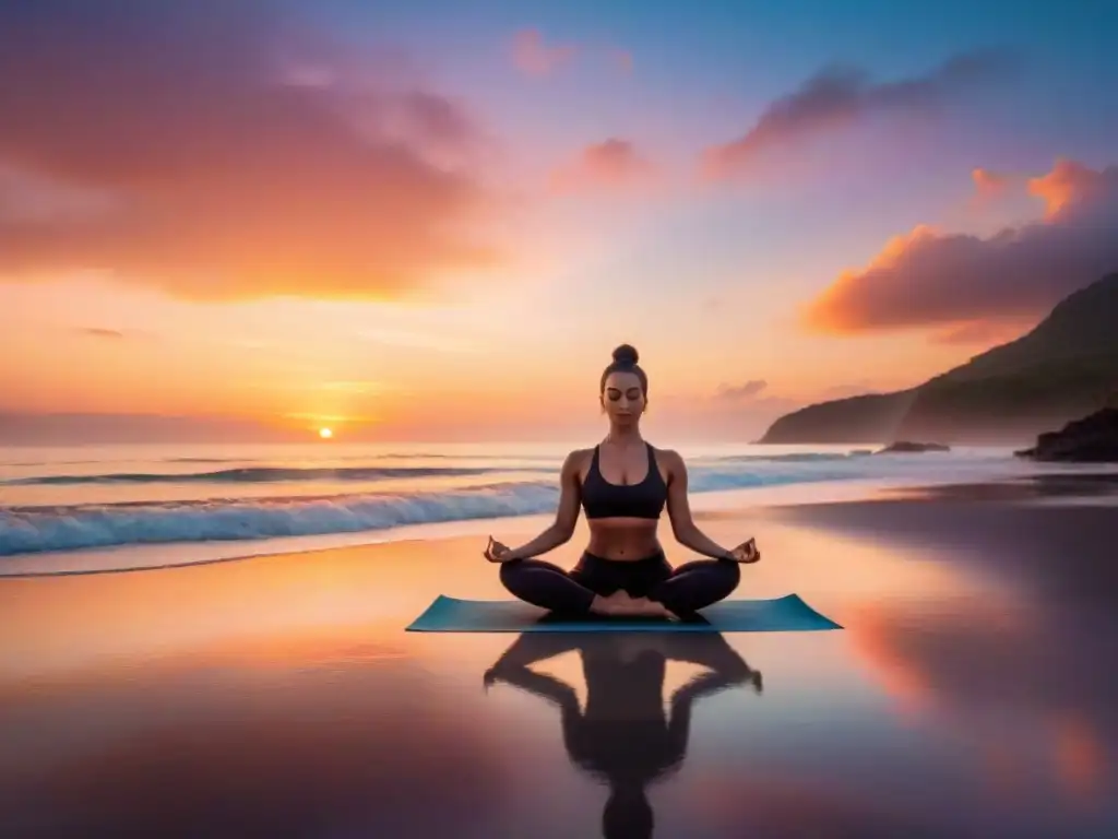 Práctica de yoga al atardecer en la playa de Uruguay, reflejando espiritualidad para bienestar mental