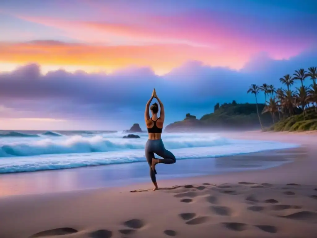 Práctica de yoga al atardecer en una playa de Uruguay, ideal para retiros de bienestar