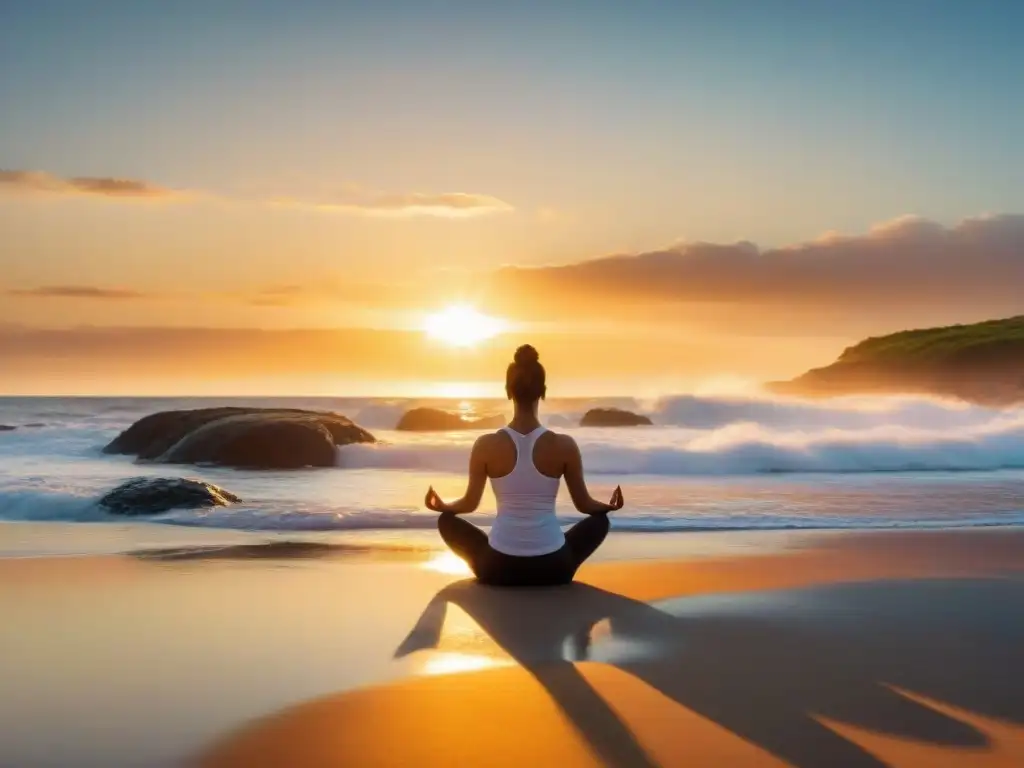 Práctica de yoga al atardecer en la playa de Uruguay, reflejando la desintoxicación integral en Uruguay