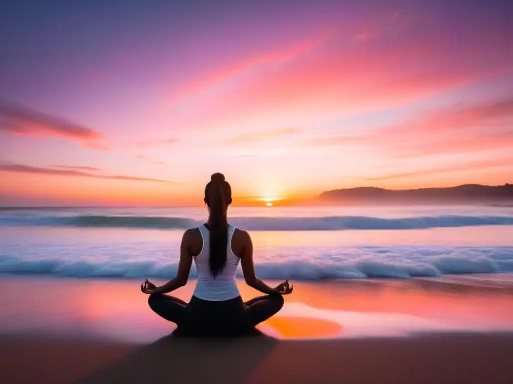 Práctica de yoga al atardecer en la playa de Uruguay, reflejando el manejo del estrés en Uruguay