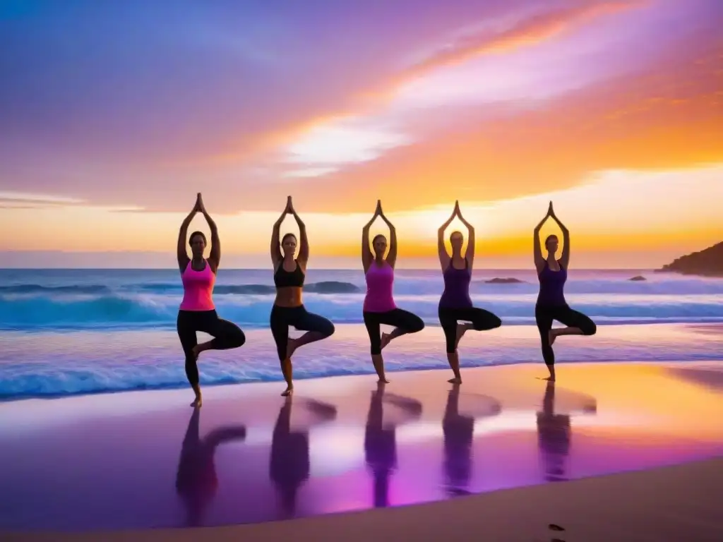 Práctica de yoga al atardecer en playa de Uruguay, con palmeras y mar tranquilo