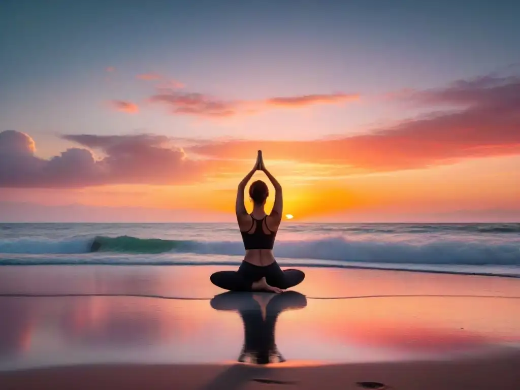 Práctica de yoga al atardecer en una playa serena de Uruguay, reflejando paz interior