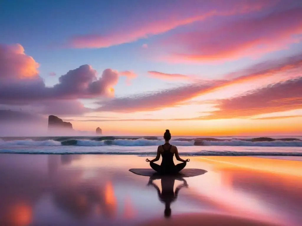 Practicando yoga al atardecer en una playa serena de Uruguay, en armonía con la naturaleza