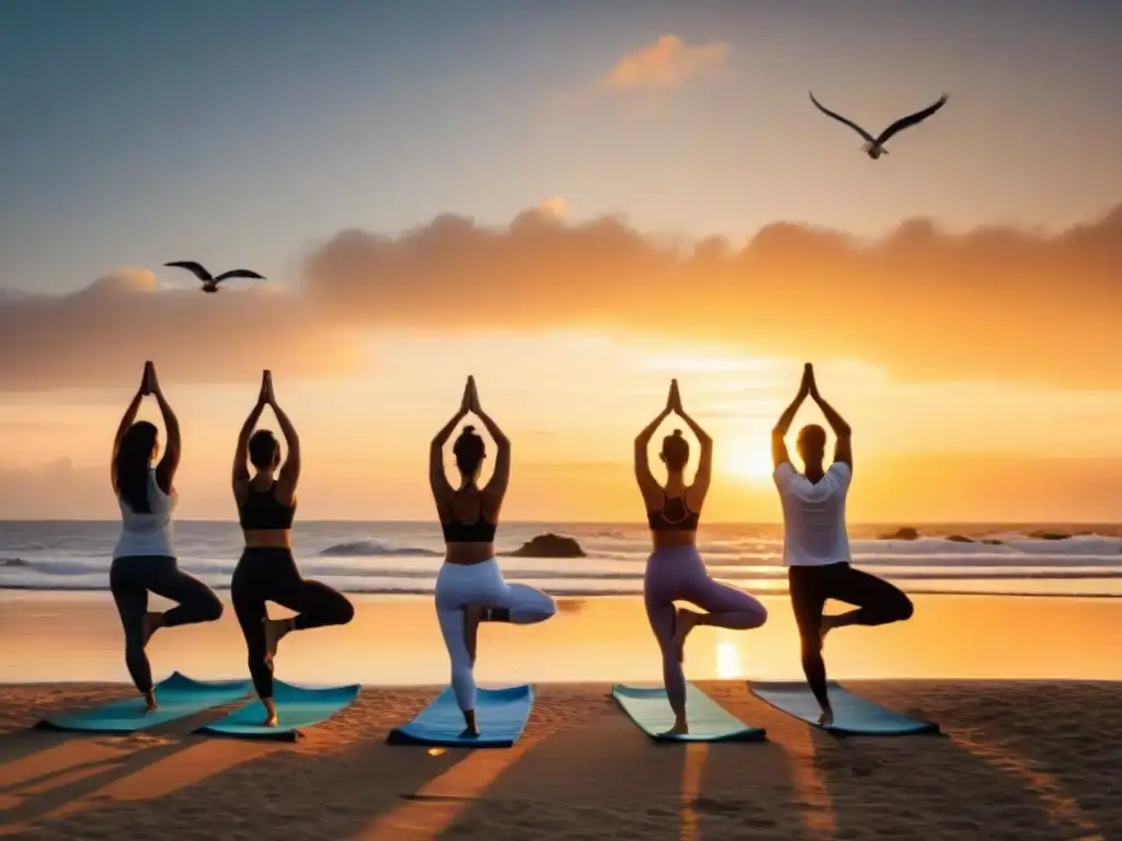 Práctica de yoga al atardecer en la playa de Uruguay, fusionando turismo saludable bienestar Uruguay