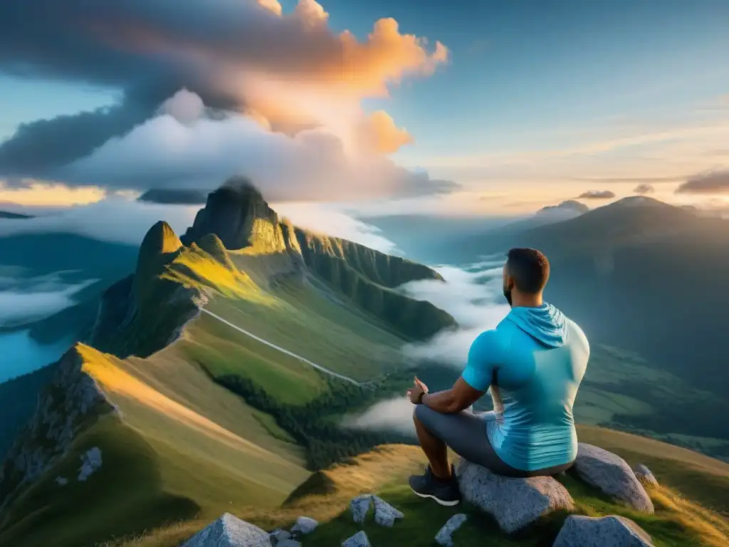 Práctica de yoga al amanecer en la cima de la montaña, reflejando disciplina y desarrollo personal