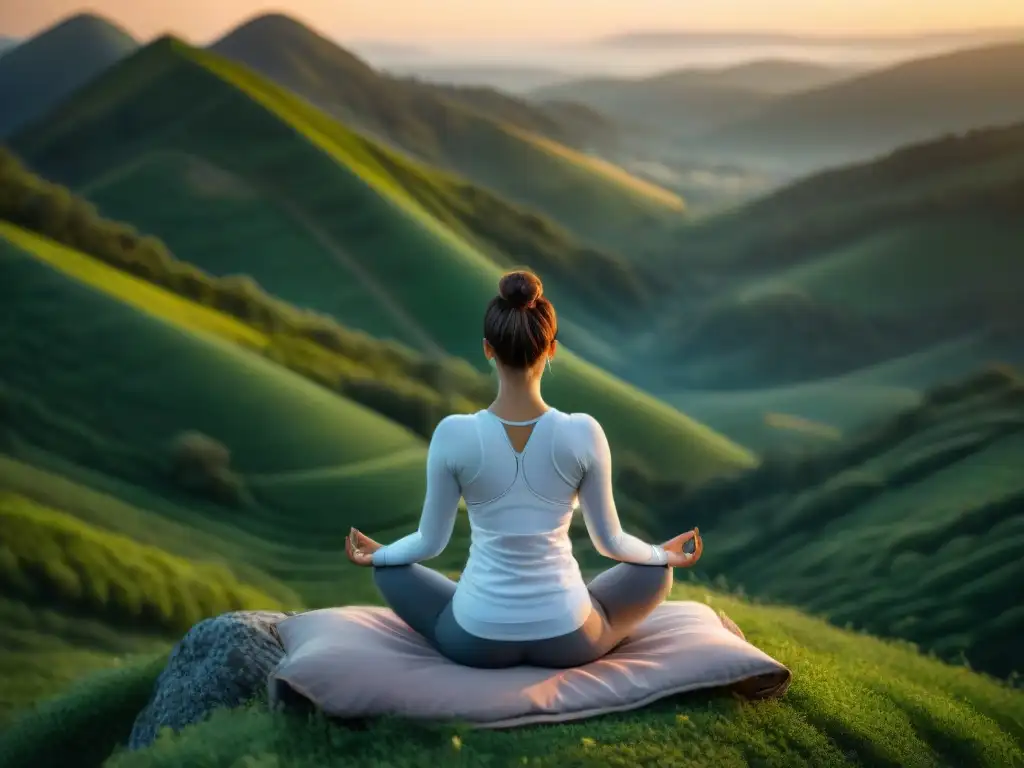 Práctica de yoga al amanecer en la cima de la montaña, simbolizando equilibrio y bienestar