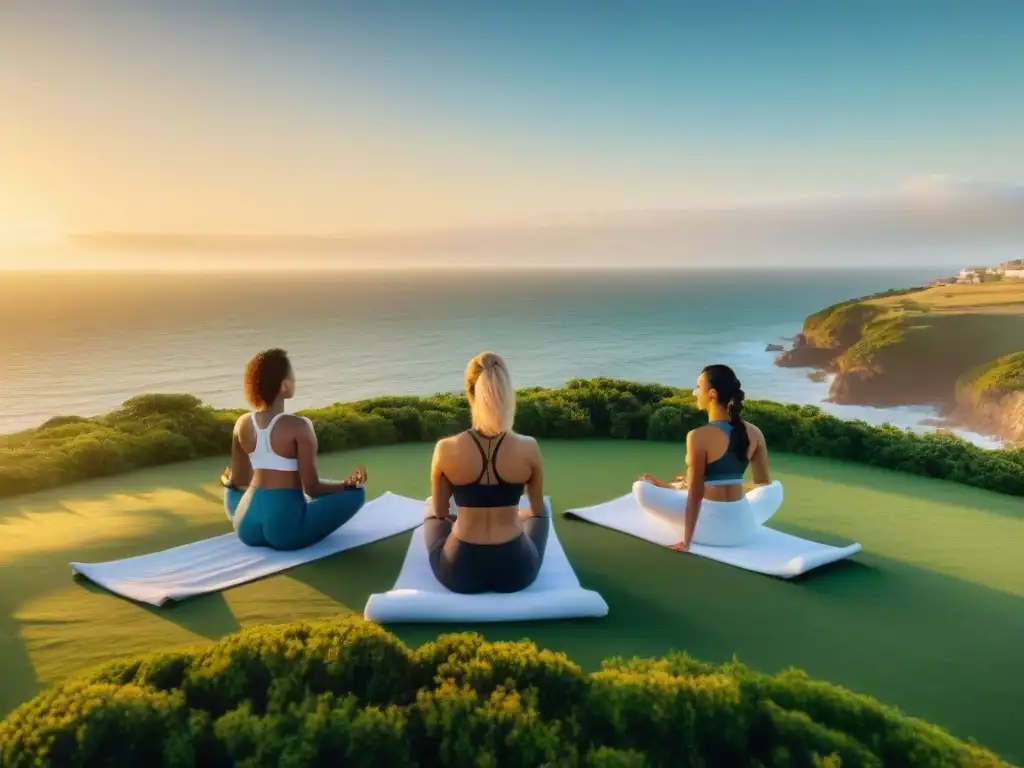 Sesión de yoga comunitaria al atardecer en colina verde de Uruguay