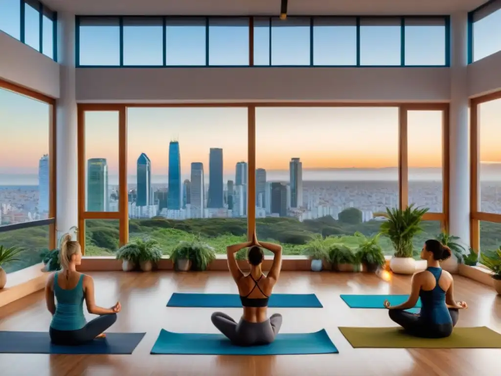 Práctica de yoga en estudio con vista a Montevideo al atardecer