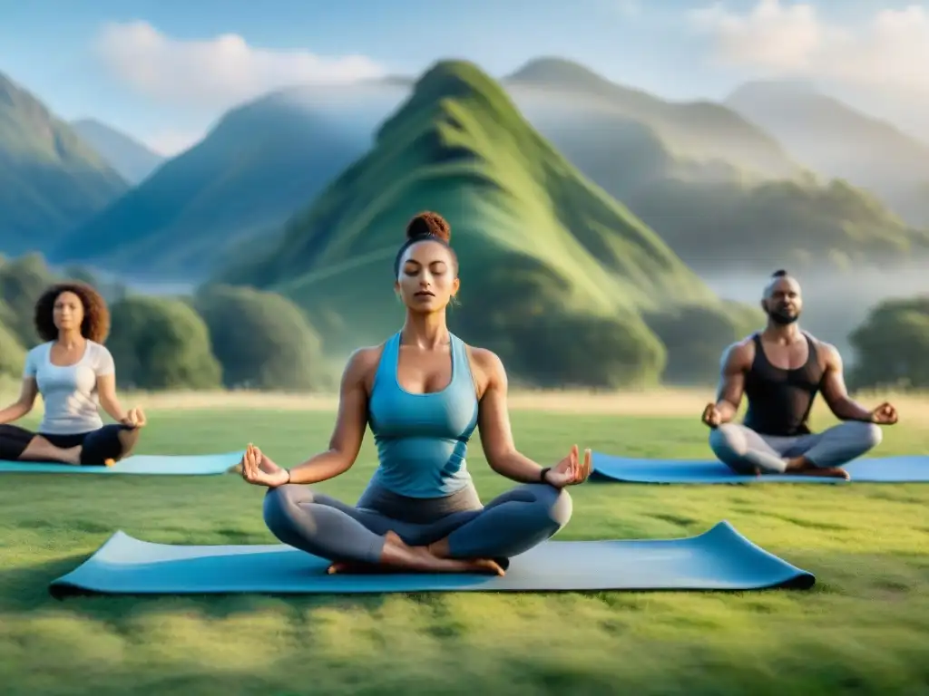 Práctica de yoga en grupo al aire libre, transmitiendo armonía y bienestar