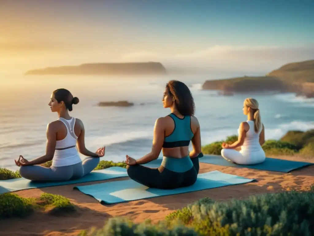 Práctica de yoga en grupo en Uruguay con beneficios para bienestar y unión, en un entorno sereno al aire libre con vista al mar al atardecer