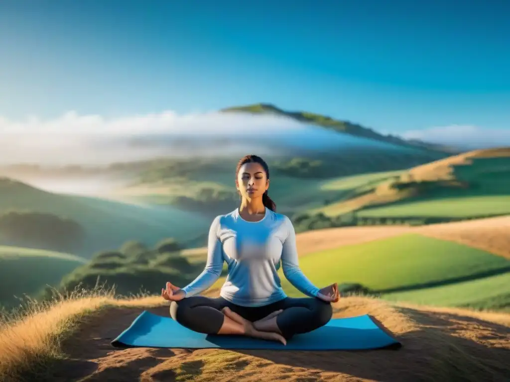 Práctica de yoga en un paisaje sereno de Uruguay, transmitiendo calma y paz interior