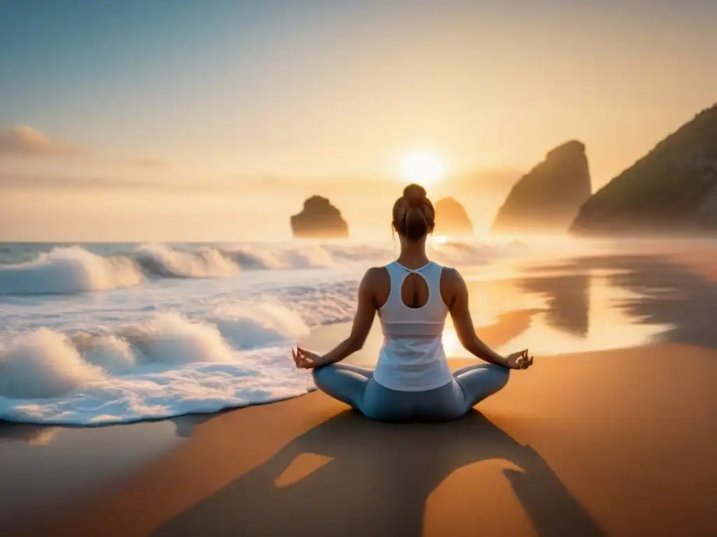 Práctica de yoga al amanecer en la playa, armonía y tranquilidad