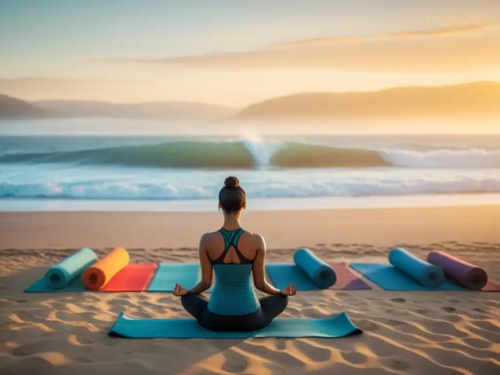 Sesión de yoga al amanecer en la playa de Uruguay, con diversidad de personas practicando posturas de yoga