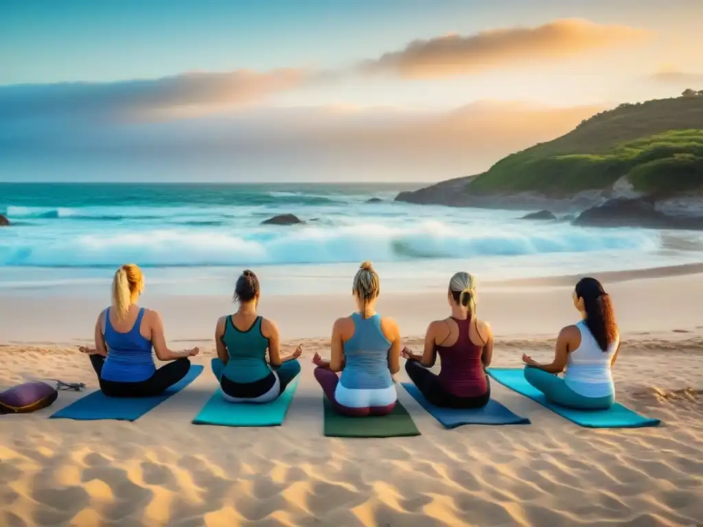 Práctica de yoga al amanecer en la playa de Uruguay, con diversidad de personas y conexión con la naturaleza