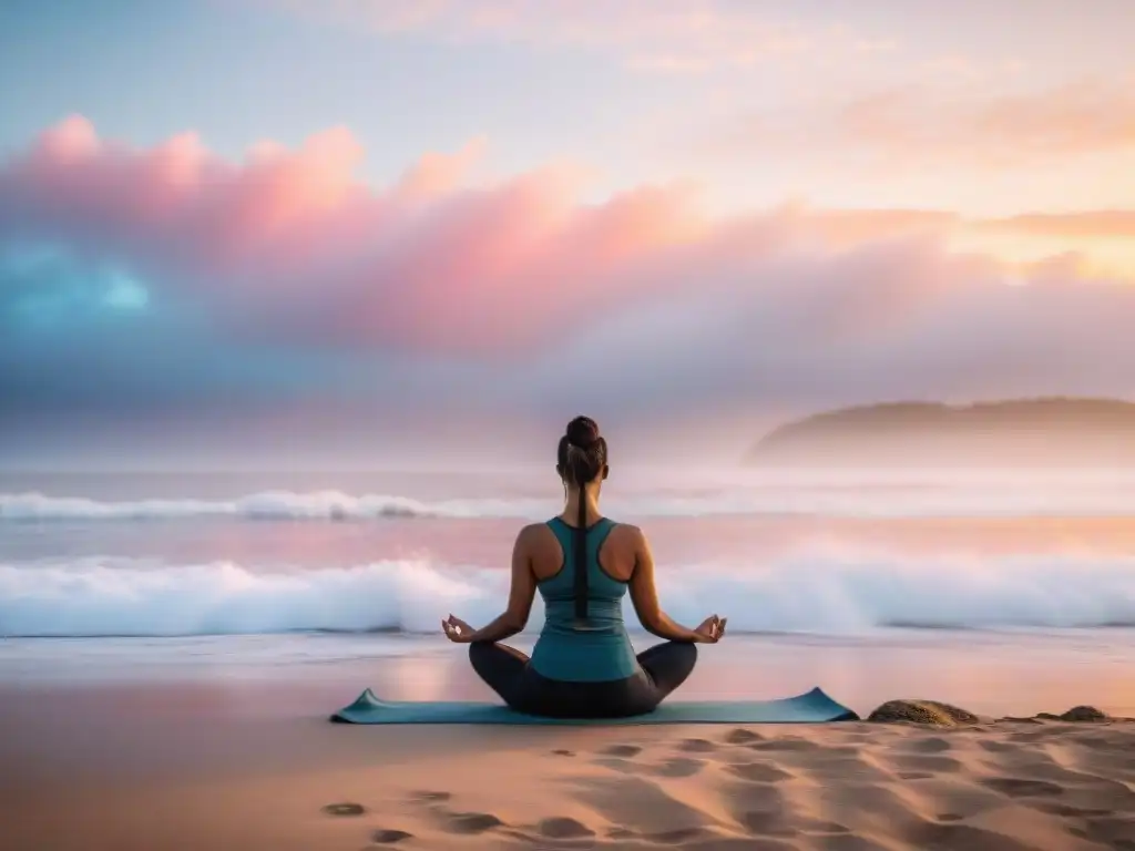 Práctica de yoga al amanecer en la playa de Uruguay, con olas suaves y cielo colorido