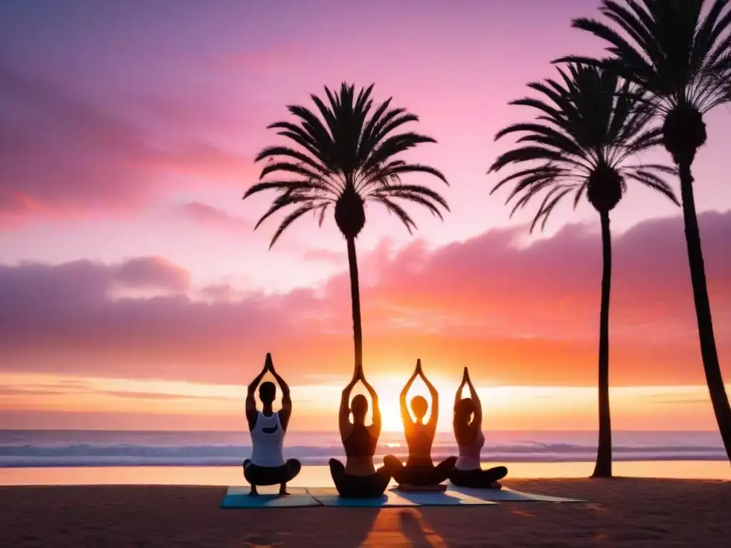 Práctica de yoga al amanecer en la playa de Punta del Este, Uruguay