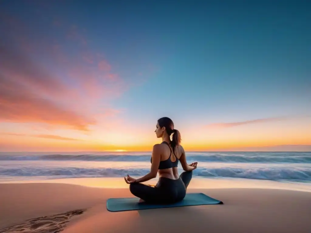 Tarde de yoga en una playa serena de Uruguay al atardecer, reflejando el cielo en el agua, rodeada de vegetación exuberante