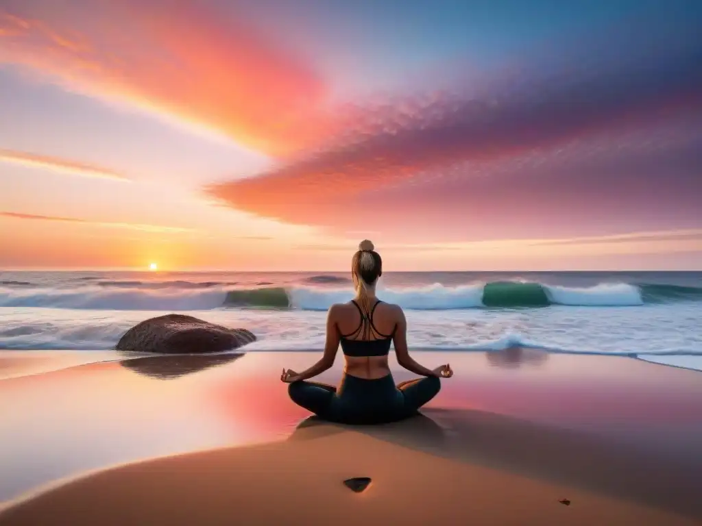 Práctica de yoga al amanecer en una playa serena de Uruguay, conectando con la naturaleza y el bienestar integral