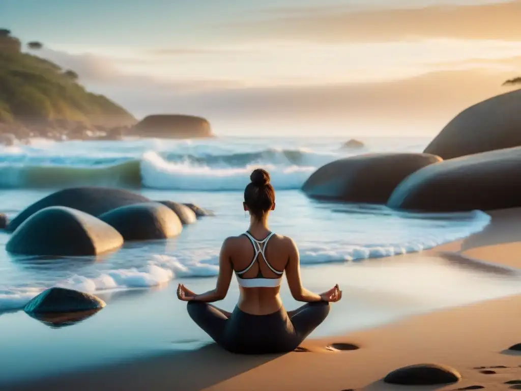 Práctica de yoga al amanecer en una playa tranquila de Uruguay, mostrando control del estrés en un entorno natural y sereno