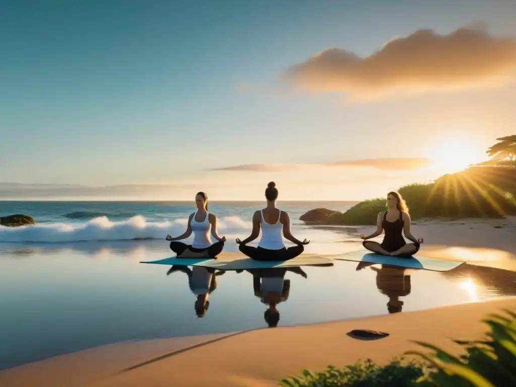 Práctica de yoga al amanecer en playa uruguaya