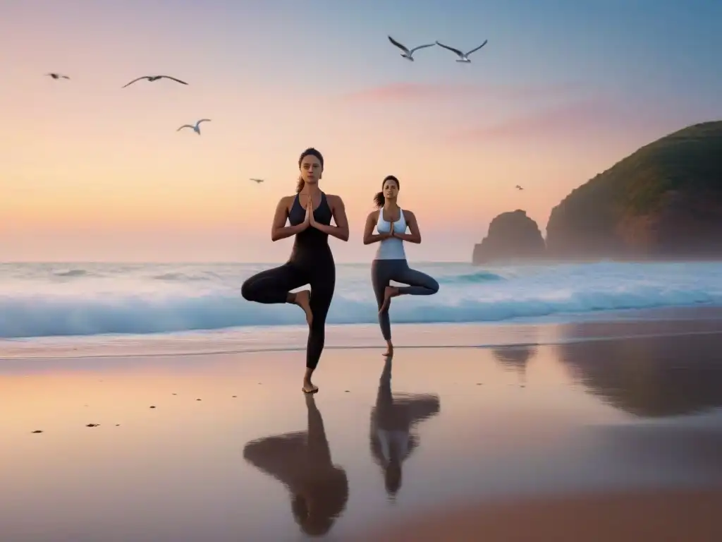 Práctica de yoga al amanecer en Rocha: siluetas en postura de guerrero en la playa tranquila