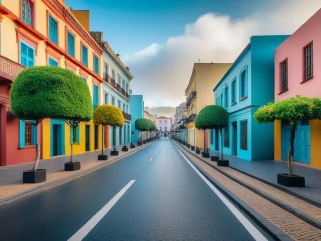 Zonas tranquilas en Uruguay urbano: una ciudad vibrante y serena con edificios coloridos y vegetación exuberante